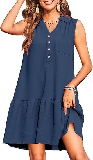 Spring & Summer V-Neck Button Sleeveless Dress – Casual & Chic Basic Fabric Alfra Retail 1