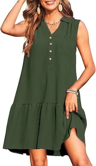 Spring & Summer V-Neck Button Sleeveless Dress – Casual & Chic Basic Fabric Alfra Retail 1