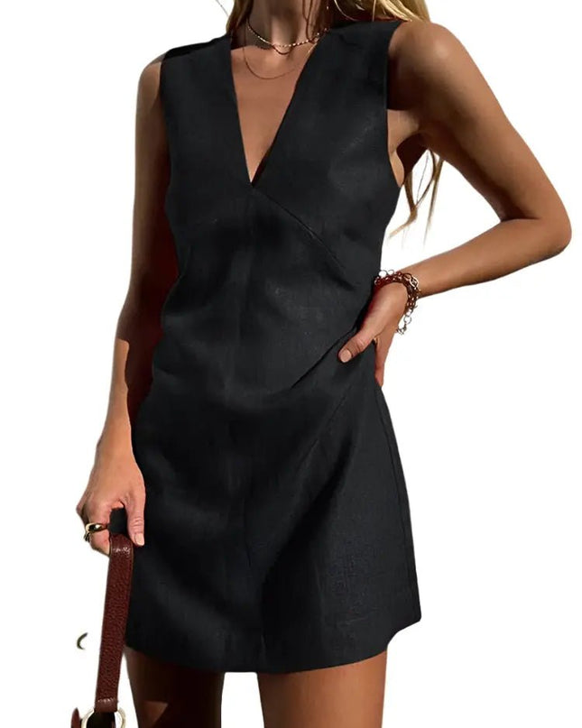V-Neck Cotton & Linen Sleeveless Dress – Solid Color Short Skirt for Women Casual Fabric Alfra Retail 1