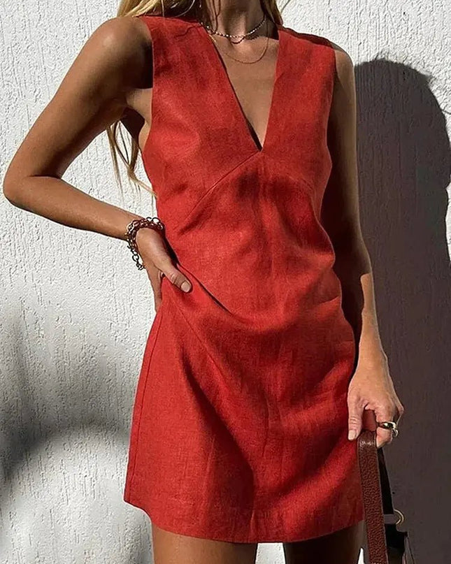 V-Neck Cotton & Linen Sleeveless Dress – Solid Color Short Skirt for Women Casual Fabric Alfra Retail 1