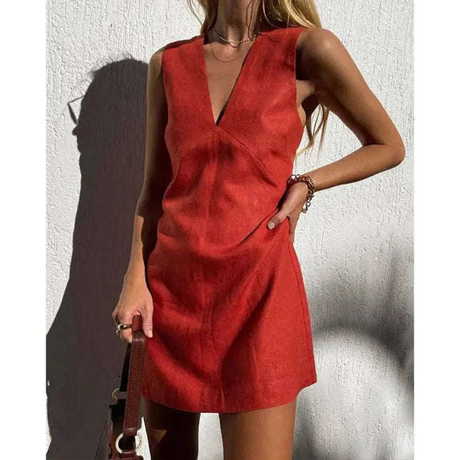 V-Neck Cotton & Linen Sleeveless Dress – Solid Color Short Skirt for Women Casual Fabric Alfra Retail 1