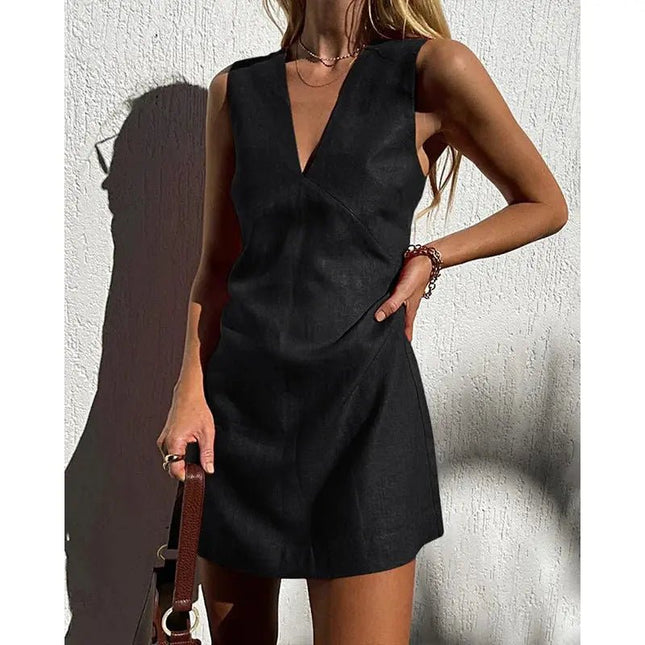 V-Neck Cotton & Linen Sleeveless Dress – Solid Color Short Skirt for Women Casual Fabric Alfra Retail 1
