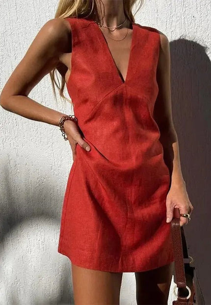 V-Neck Cotton & Linen Sleeveless Dress – Solid Color Short Skirt for Women Casual Fabric Alfra Retail 1