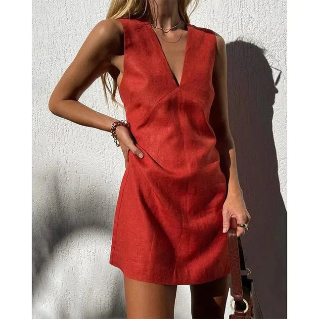 V-Neck Cotton & Linen Sleeveless Dress – Solid Color Short Skirt for Women Casual Fabric Alfra Retail 1