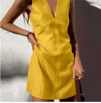 V-Neck Cotton & Linen Sleeveless Dress – Solid Color Short Skirt for Women Casual Fabric Alfra Retail 1