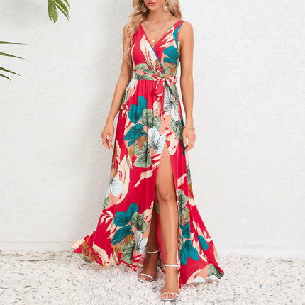 V-Neck Floral Print Long Dress – Summer Fashion Waist Tie Slit Sleeveless Dress for Women Casual Womenswear Alfra Retail 1