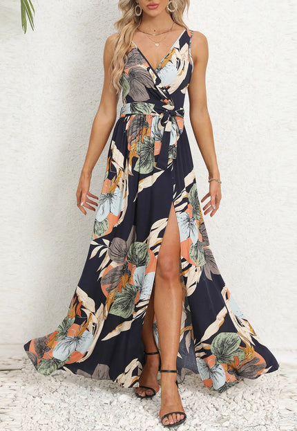 V-Neck Floral Print Long Dress – Summer Fashion Waist Tie Slit Sleeveless Dress for Women Casual Womenswear Alfra Retail 1