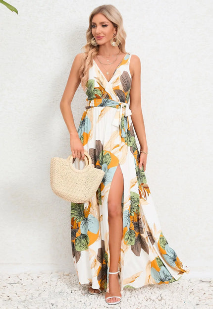 V-Neck Floral Print Long Dress – Summer Fashion Waist Tie Slit Sleeveless Dress for Women Casual Womenswear Alfra Retail 1