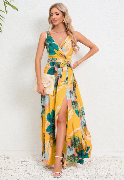 V-Neck Floral Print Long Dress – Summer Fashion Waist Tie Slit Sleeveless Dress for Women Casual Womenswear Alfra Retail 1