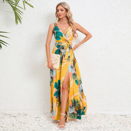 V-Neck Floral Print Long Dress – Summer Fashion Waist Tie Slit Sleeveless Dress for Women Casual Womenswear Alfra Retail 1