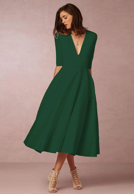 Women's Clothing Evening Dress Sexy Deep V Mid-sleeve Large Swing Dress Fabric Formal Polyester Red Alfra Retail 1