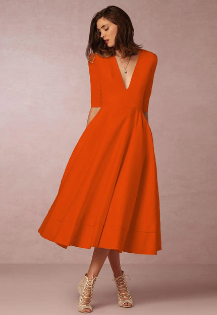 Women's Clothing Evening Dress Sexy Deep V Mid-sleeve Large Swing Dress Fabric Formal Polyester Red Alfra Retail 1