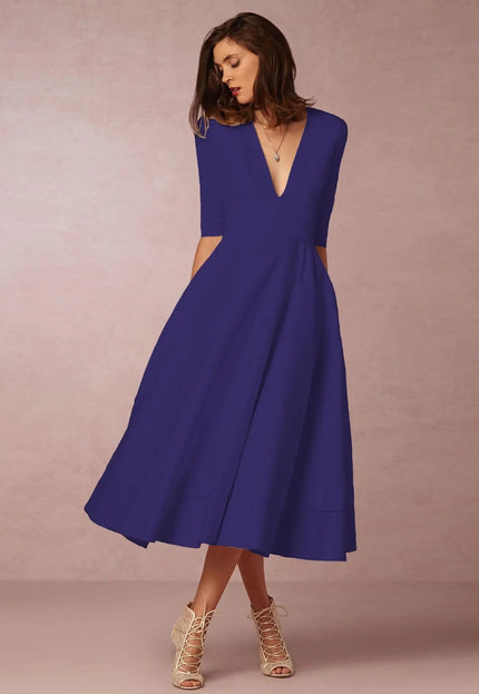 Women's Clothing Evening Dress Sexy Deep V Mid-sleeve Large Swing Dress Fabric Formal Polyester Red Alfra Retail 1