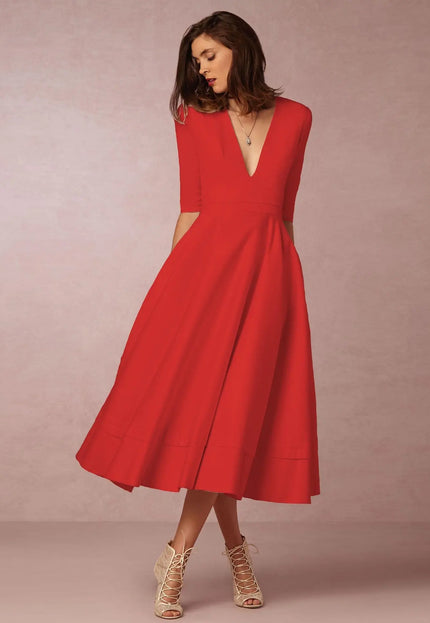 Women's Clothing Evening Dress Sexy Deep V Mid-sleeve Large Swing Dress Fabric Formal Polyester Red Alfra Retail 1