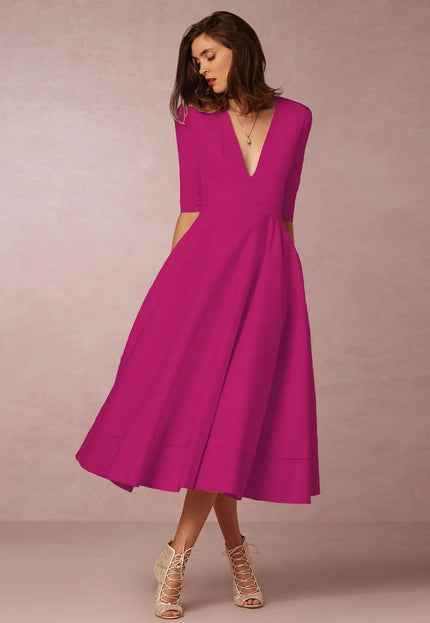 Women's Clothing Evening Dress Sexy Deep V Mid-sleeve Large Swing Dress Fabric Formal Polyester Red Alfra Retail 1