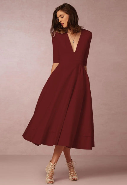Women's Clothing Evening Dress Sexy Deep V Mid-sleeve Large Swing Dress Fabric Formal Polyester Red Alfra Retail 1