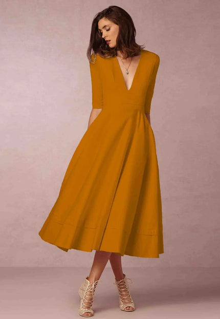 Women's Clothing Evening Dress Sexy Deep V Mid-sleeve Large Swing Dress Fabric Formal Polyester Red Alfra Retail 1