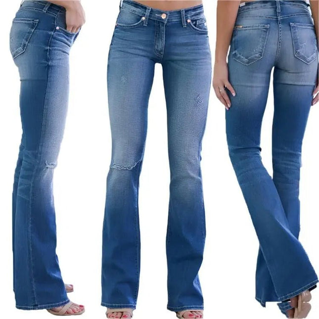 Women's Dark Blue Cotton Low Waist Flared Jeans - Chic Style for 18-24 Year Olds - Womenswear, Pants Alfra Retail 1