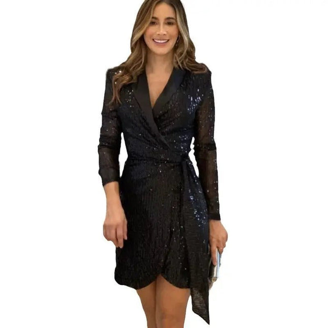 Women's Fashion Shiny Crystal Dress – Glamorous & Elegant Evening Wear Fabric Form Solid al Formal Polyester Womenswear Elegance Long Sleeve Asian Check Alfra Retail 1