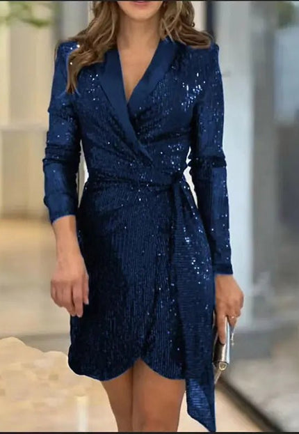 Women's Fashion Shiny Crystal Dress – Glamorous & Elegant Evening Wear Fabric Form Solid al Formal Polyester Womenswear Elegance Long Sleeve Asian Check Alfra Retail 1