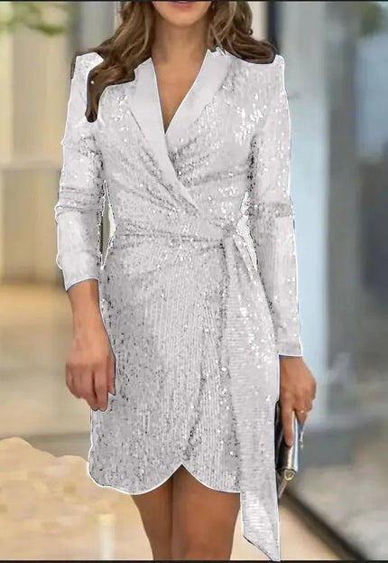 Women's Fashion Shiny Crystal Dress – Glamorous & Elegant Evening Wear Fabric Form Solid al Formal Polyester Womenswear Elegance Long Sleeve Asian Check Alfra Retail 1