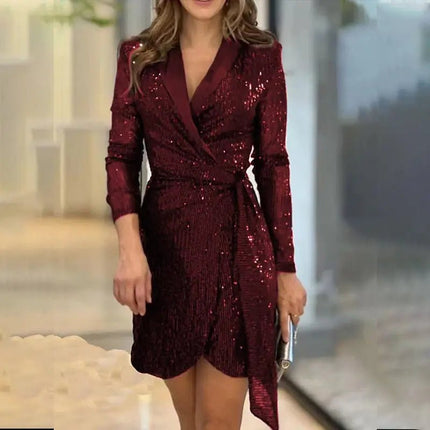 Women's Fashion Shiny Crystal Dress – Glamorous & Elegant Evening Wear Fabric Form Solid al Formal Polyester Womenswear Elegance Long Sleeve Asian Check Alfra Retail 1