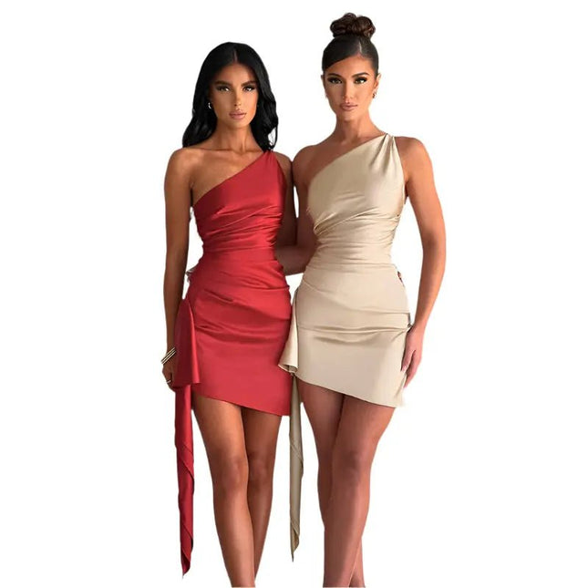 Women's One-Shoulder Sleeveless Mini Dress - Sexy Slim Backless Party & Wedding Dress Alfra Retail 1