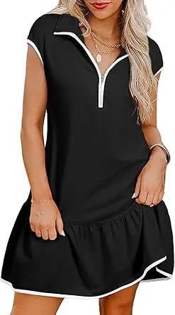 Women's Short Sleeve Polo Collar Zipper Waist Dress – Chic & Comfortable Alfra Retail 1