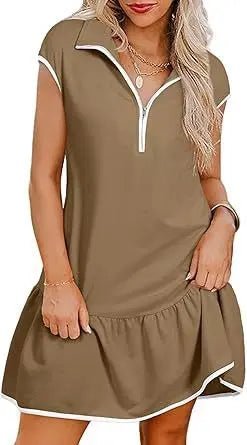 Women's Short Sleeve Polo Collar Zipper Waist Dress – Chic & Comfortable Alfra Retail 1
