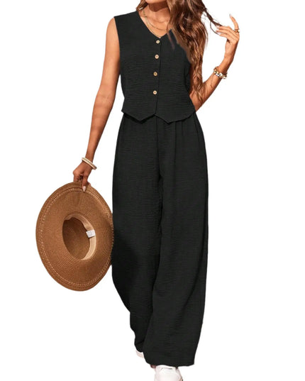 Women's Solid Color Front Button Sleeveless Blouse And Long Pants Casual Suit Set Alfra Retail 1
