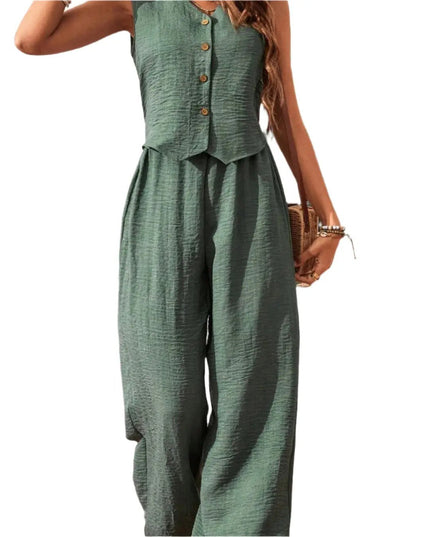 Women's Solid Color Front Button Sleeveless Blouse And Long Pants Casual Suit Set Alfra Retail 1