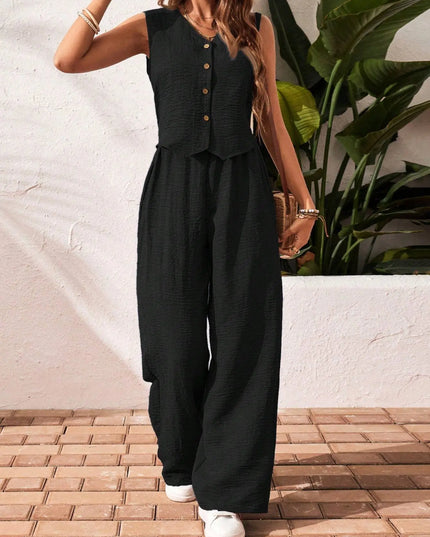 Women's Solid Color Front Button Sleeveless Blouse And Long Pants Casual Suit Set Alfra Retail 1