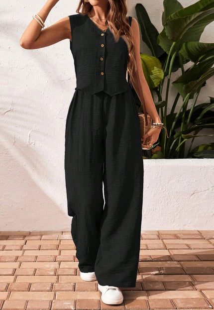 Women's Solid Color Front Button Sleeveless Blouse And Long Pants Casual Suit Set Alfra Retail 1