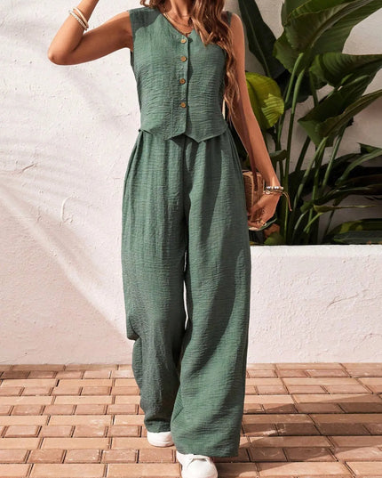 Women's Solid Color Front Button Sleeveless Blouse And Long Pants Casual Suit Set Alfra Retail 1
