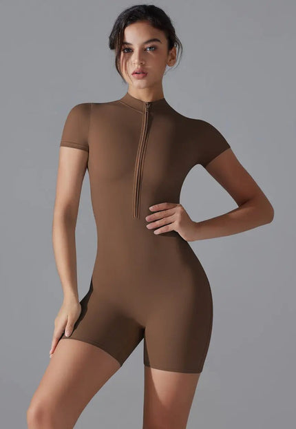 Women's Summer Zipper Short-Sleeved Jumpsuit - Slim Fit Yoga, Fitness & Dance Bodysuit Alfra Retail 1