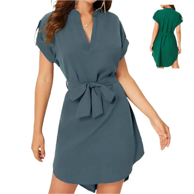 Women's V-Neck Short Sleeve Dress with Belt - Summer Fashion Bowknot Dresses Alfra Retail 1