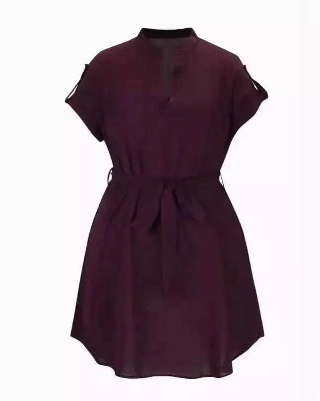 Women's V-Neck Short Sleeve Dress with Belt - Summer Fashion Bowknot Dresses Alfra Retail 1