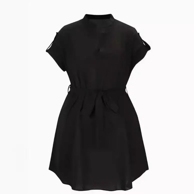 Women's V-Neck Short Sleeve Dress with Belt - Summer Fashion Bowknot Dresses Alfra Retail 1