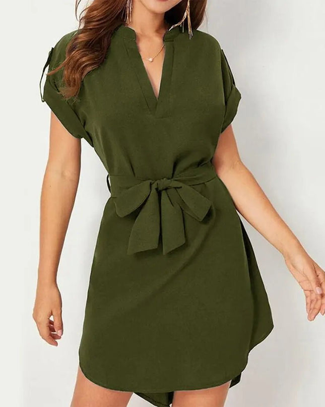 Women's V-Neck Short Sleeve Dress with Belt - Summer Fashion Bowknot Dresses Alfra Retail 1