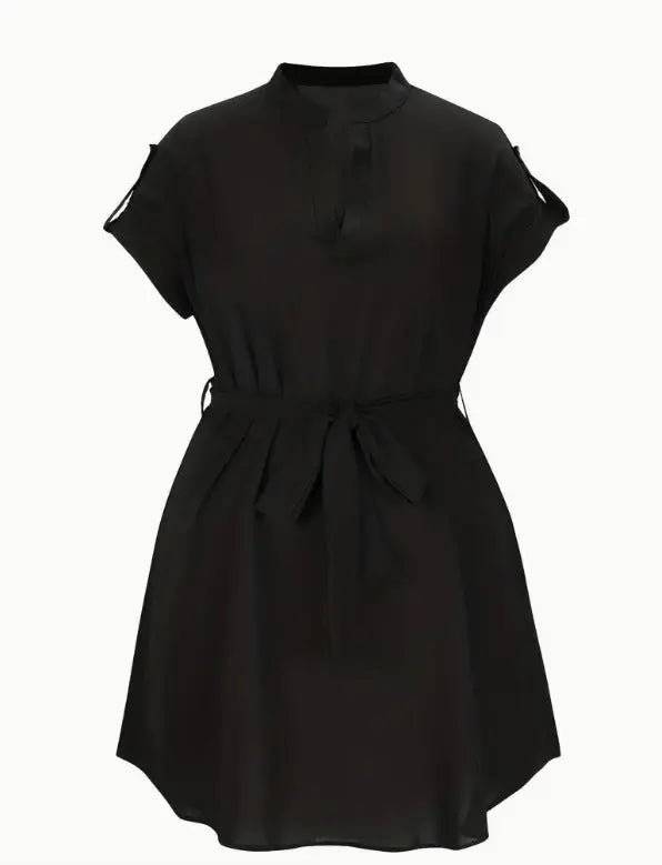 Women's V-Neck Short Sleeve Dress with Belt - Summer Fashion Bowknot Dresses Alfra Retail 1