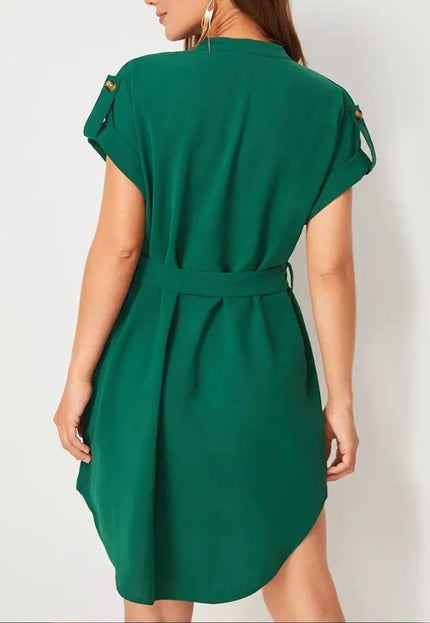 Women's V-Neck Short Sleeve Dress with Belt - Summer Fashion Bowknot Dresses Alfra Retail 1