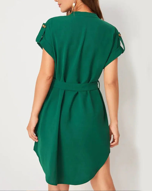 Women's V-Neck Short Sleeve Dress with Belt - Summer Fashion Bowknot Dresses Alfra Retail 1