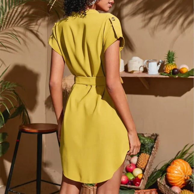 Women's V-Neck Short Sleeve Dress with Belt - Summer Fashion Bowknot Dresses Alfra Retail 1