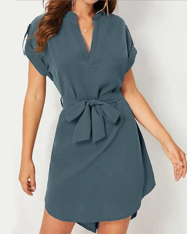Women's V-Neck Short Sleeve Dress with Belt - Summer Fashion Bowknot Dresses Alfra Retail 1