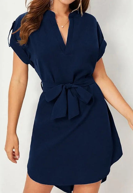Women's V-Neck Short Sleeve Dress with Belt - Summer Fashion Bowknot Dresses Alfra Retail 1