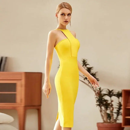 Women's Yellow Bodycon Bandage Dress – Sexy Halter Party Dress Formal Polyester Womenswear Asian Alfra Retail 1